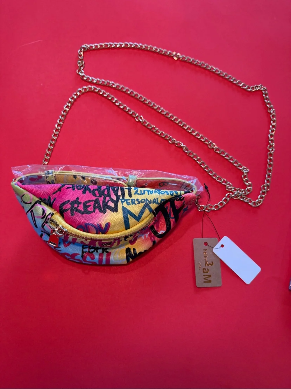 Colorful Graffiti Zip Card & Key Holder with Gold Chain & accessories
